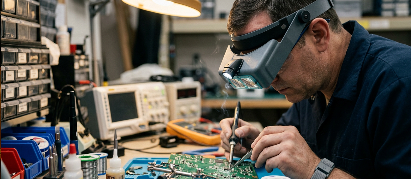 Technician wearing a headband-mounted magnifier with LED lighting while soldering a circuit board
